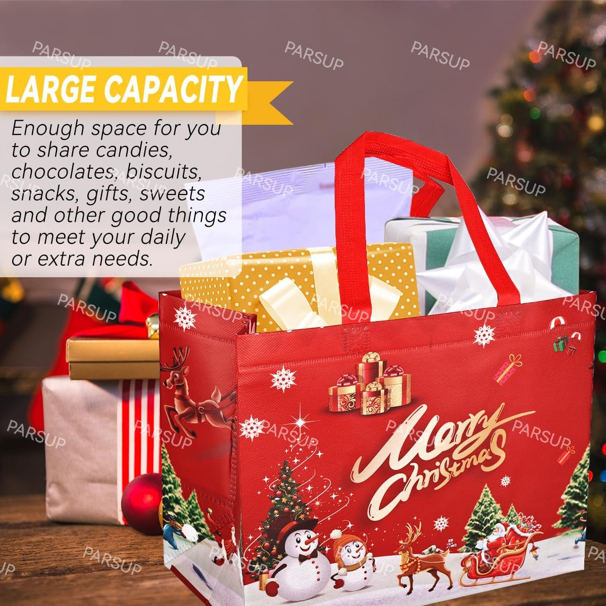 4PCS Christmas Gift Bags,Christmas Tote Bags with Handles, 2023 Christmas Treat Bags, Multifunctional Non-Woven Christmas Bags for Gifts Wrapping Shopping, Xmas Party Supplies, 32.5×25×17Cm