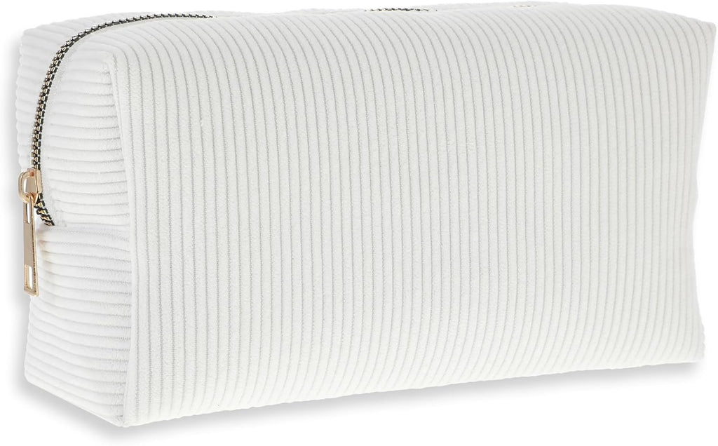 Makeup Bag Travel Cosmetic Bag, White Stripes Makeup Pouch for Women Travel Makeup Organizer Bag, Small Plush Make up Pouch Purse Cosmetic Bags Toiletry Skincare Bag