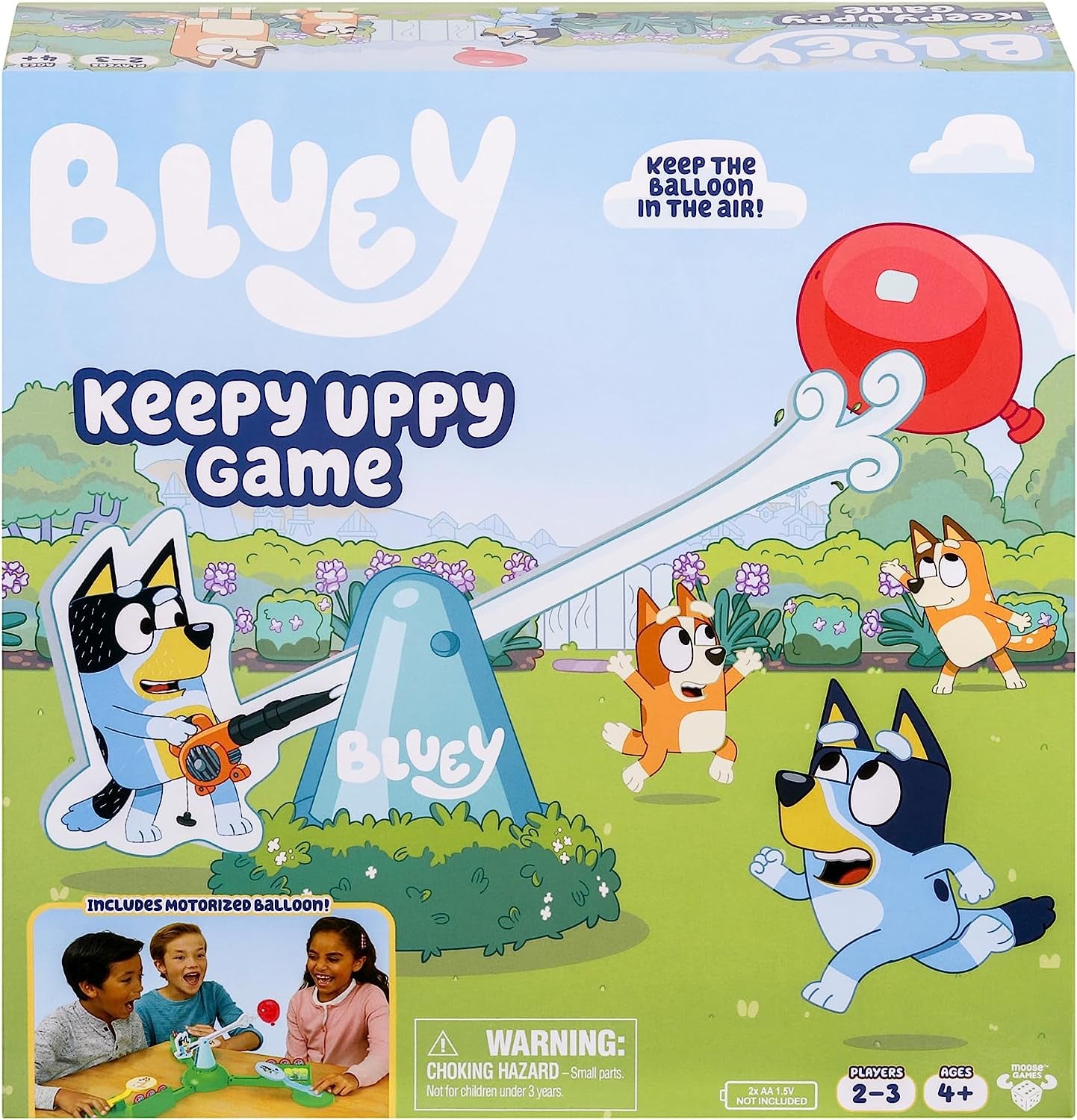 Keepy Uppy Game. Help, Bingo, and Chilli Keep the Motorized Balloon in the Air with the Character Paddles for 2-3 Players. Ages 4+