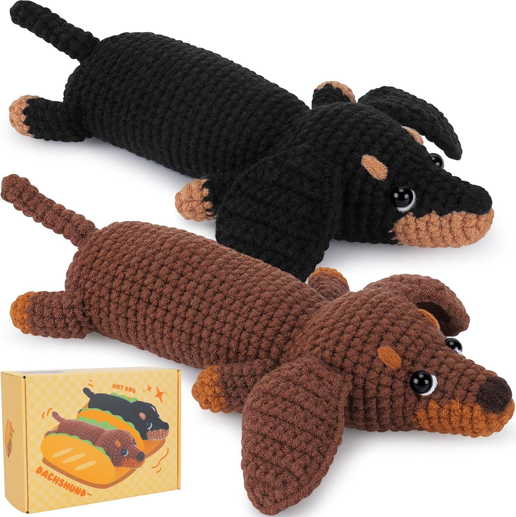 Crochet Kit for Beginners, Crochet Animal Kit Complete Dachshund Dog Crochet with Yarn Hooks Needles, Step-By-Step Video Learn to Crochet Starter Kit Animal Set Beginners Crochet Kit (Crochet Dog)