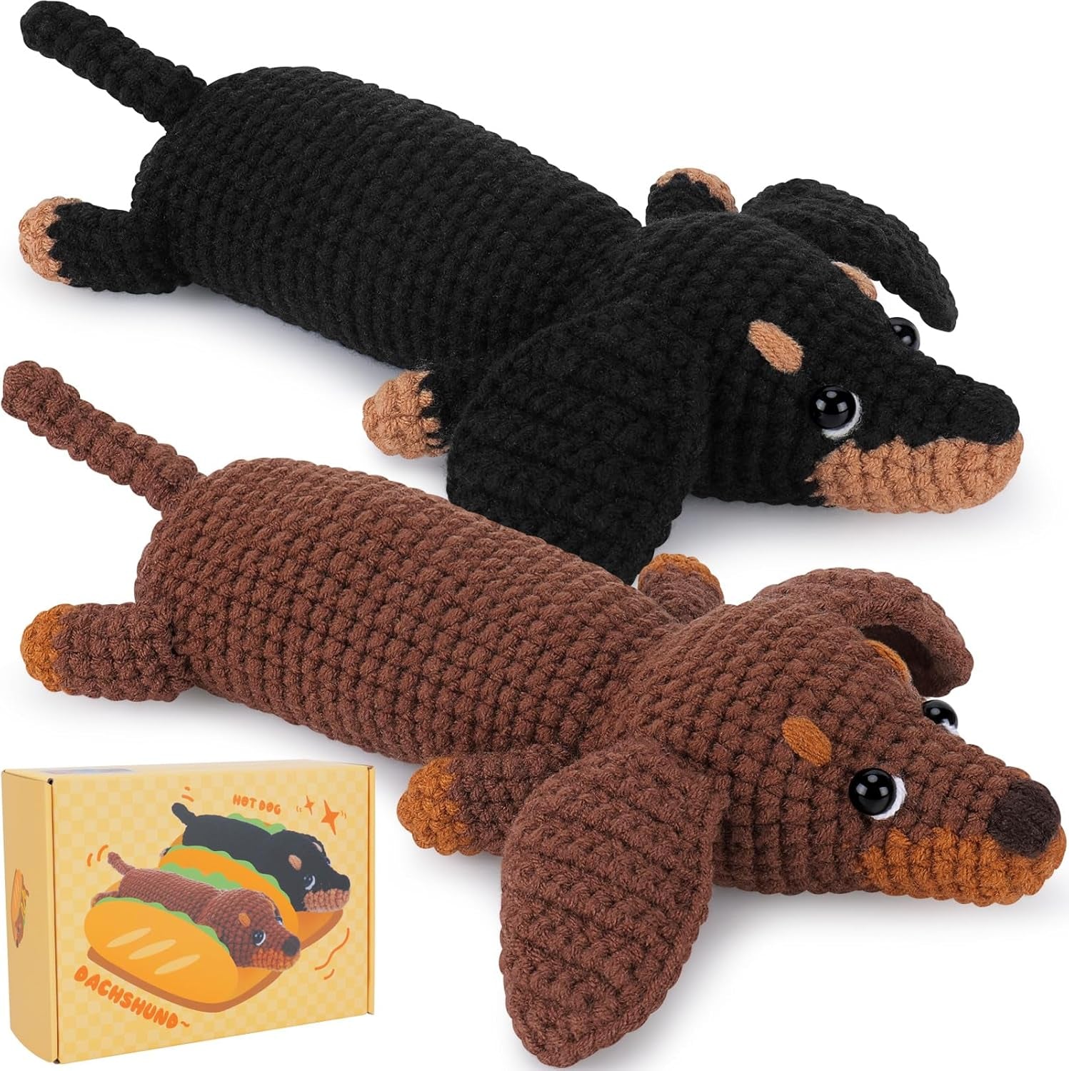 Crochet Kit for Beginners, Crochet Animal Kit Complete Dachshund Dog Crochet with Yarn Hooks Needles, Step-By-Step Video Learn to Crochet Starter Kit Animal Set Beginners Crochet Kit (Crochet Dog)