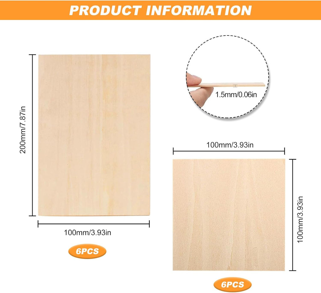 Basswood Sheets, 12 Pcs Blank Plywood Sheets 1.5Mm Thin Craft Basswood Sheet Squares Board for Crafts Painting 200X100Mm, 100X100Mm