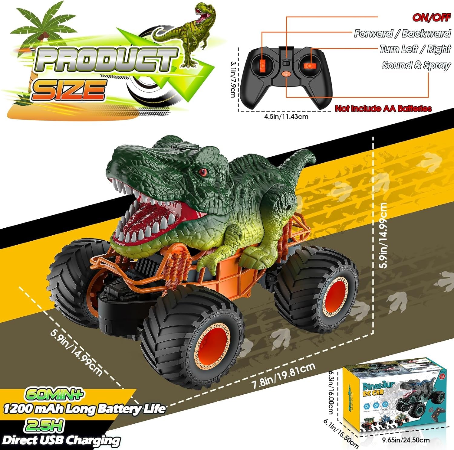 Dinosaur Remote Control Cars, 1:16 Scale Monster Truck Toys with Spray LED Lights, 2.4Ghz Rc Car Boys Toys Age 3 4 5 6 7 8, Kids Toys Gifts for 3 4 5 6 7 8 Year Old Boy Christmas Xmas Gifts for Kids