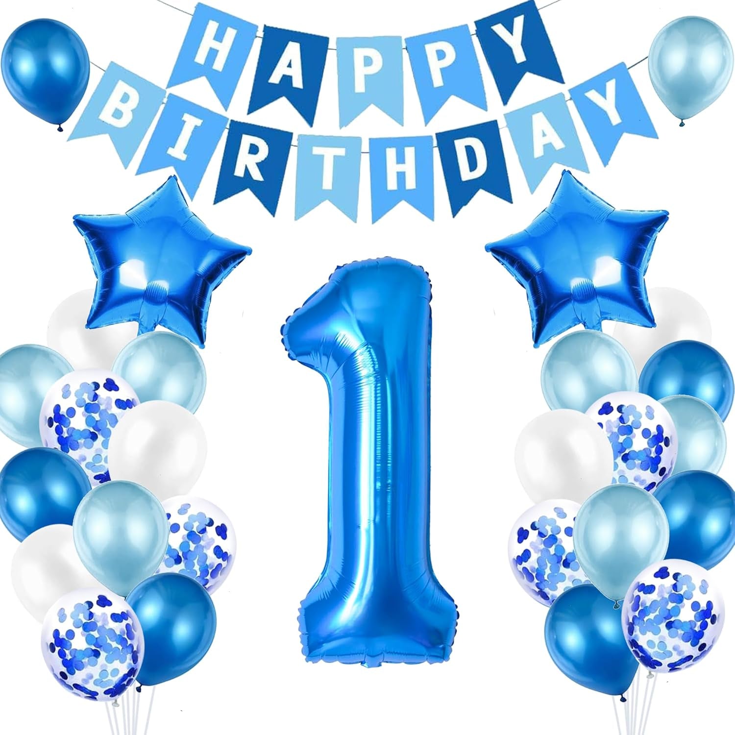1St Birthday Decorations for Boys, Number 1 Balloon, Blue Silver 1St Party Decorations, Happy Birthday Bunting Banner, 32Inch Foil Number 1 Balloons Set for Birthday Party Anniversary Decorations
