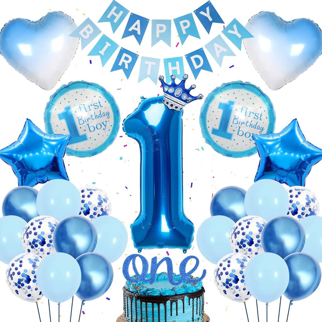 Blue 1St Birthday Decorations Kit - 46 Pieces 1St Birthday Decorations Supplies Happy Birthday Banner Number 1 Balloon Star Foil Balloon Cake Topper Gradient Love Balloon for Boy 1St Party Decoration