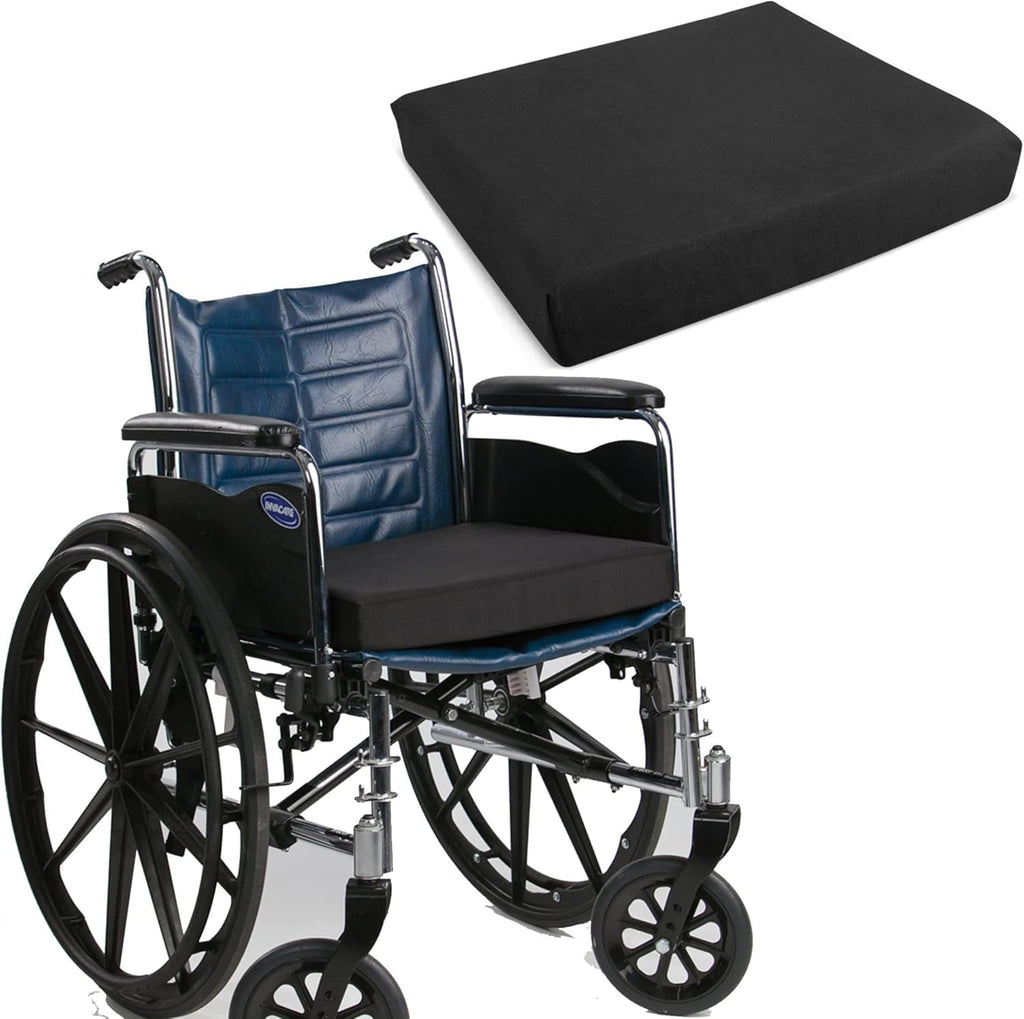 Foam Large Seat Cushion - Perfect for Office Chair, and Wheelchairs Non Slip Smooth Pain Relief - Moister Wicking Vinyl Wipeable Black Zip Cover (20" X 18" X 4")