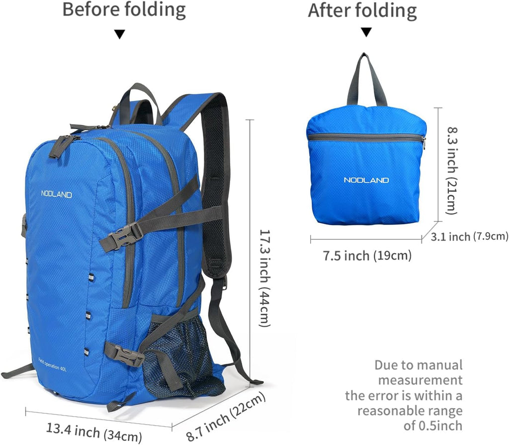 NODLAND Lightweight Backpack, Travel 40L Foldable Water-Resistant Daypack, Hiking Outdoor Camping Rucksack for Men Women
