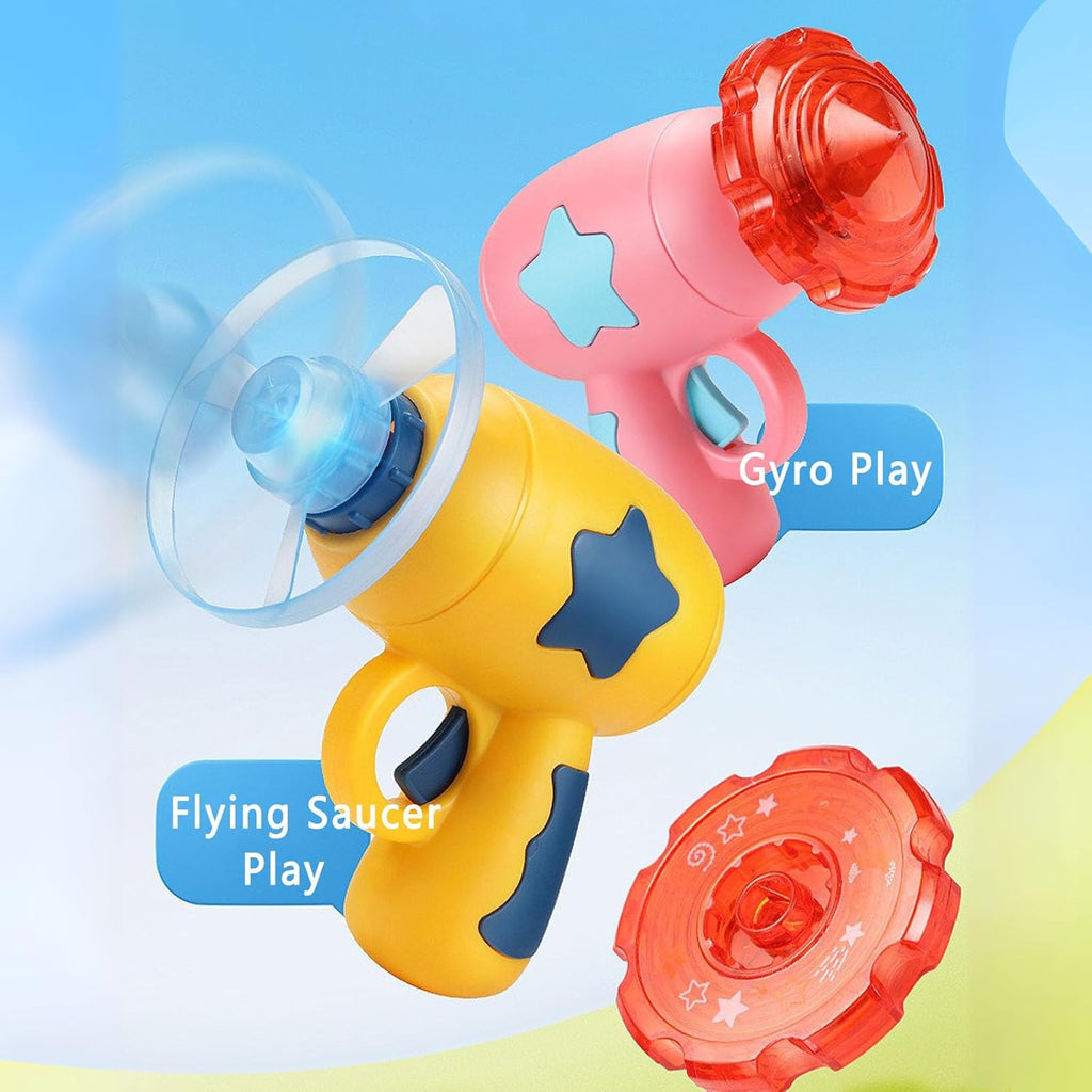 Flying Disc Launcher Toy,Fun and Easy-To-Use Outdoor Toys outside Yard Games Kids 3-8,1 Flying Saucer & 6 Discs and Gyroscope(2 Glow in the Dark)，Launch up to 32 Ft (Pink)