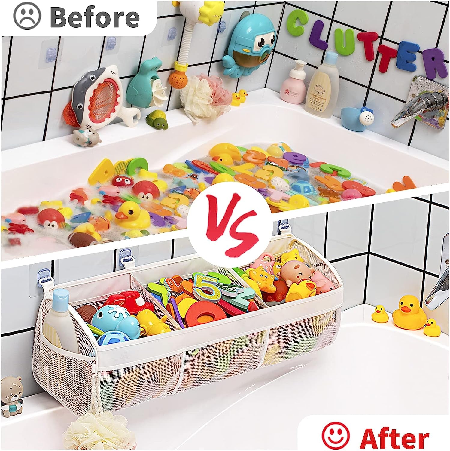 Original 3 Compartment Horizontal Large Openings Bath Toy Organizer for Tub, Capacity Upgrade Bath Toy Storage and Holder, Bathtub Toy Holder for Easy Access and Sorting of Toys.