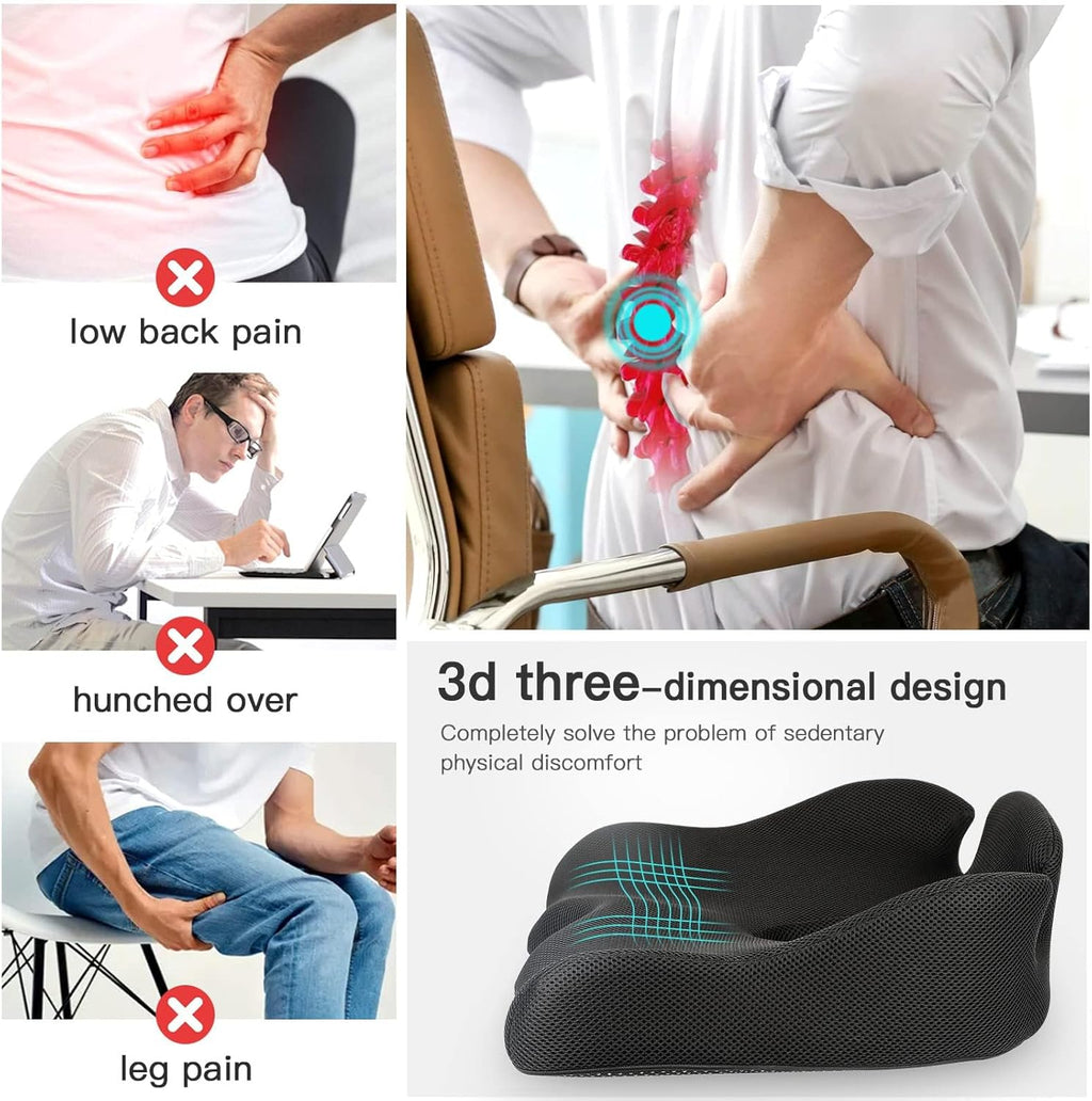 Memory Seat Cushion for Office Chair Sciatica & Back Pain Relief Memory Foam Firm Coccyx Pad for Car, Wheelchair, Gaming Chair and Desk Chair, Black