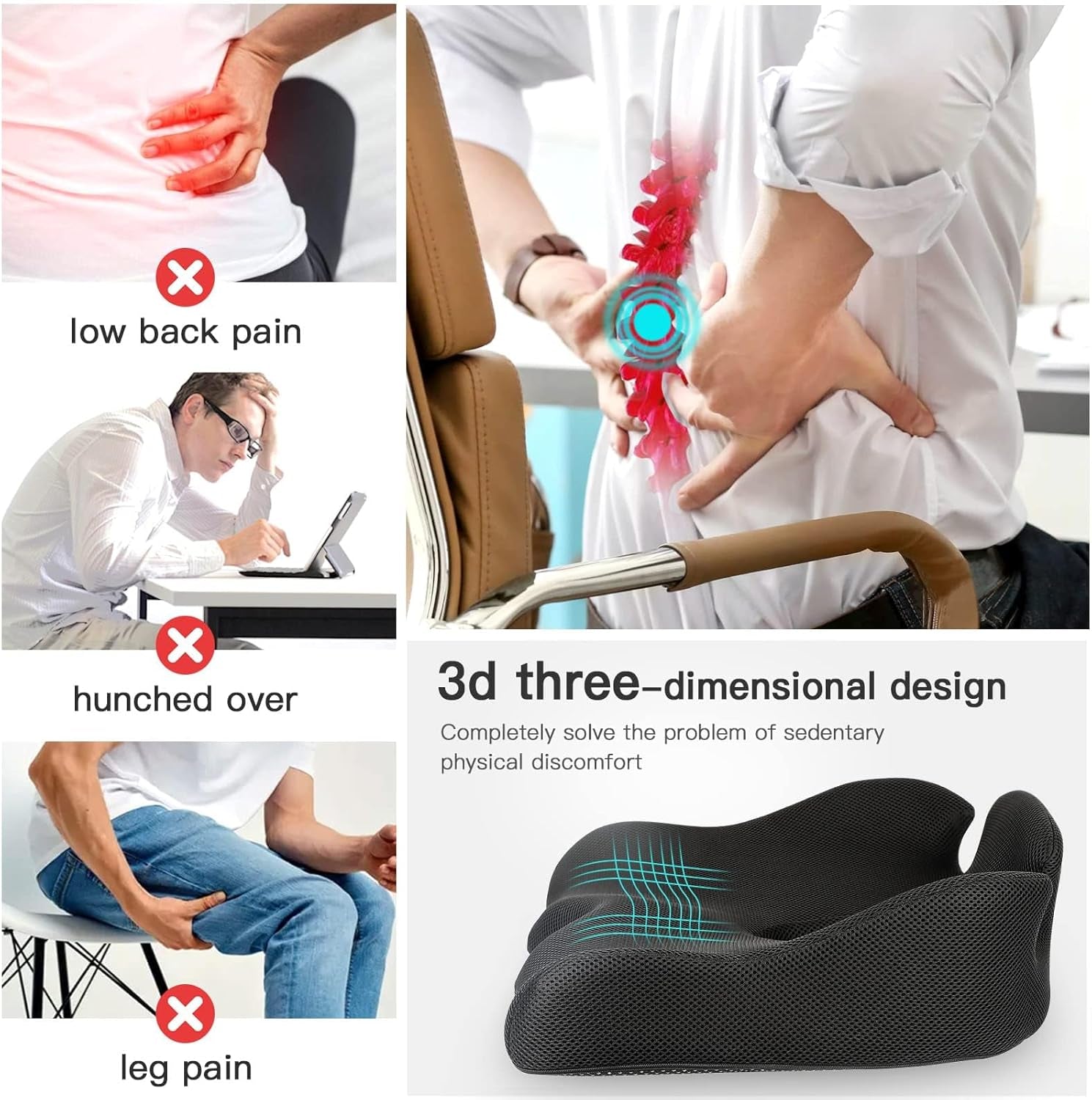 Memory Seat Cushion for Office Chair Sciatica & Back Pain Relief Memory Foam Firm Coccyx Pad for Car, Wheelchair, Gaming Chair and Desk Chair, Black