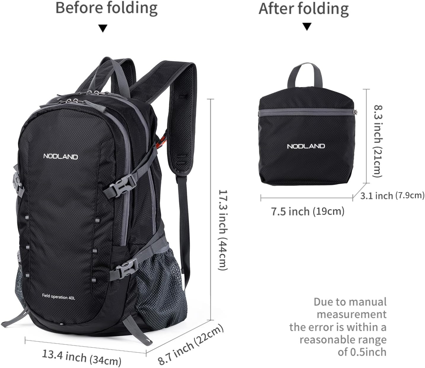 NODLAND Lightweight Backpack Travel 40L Foldable Water-Resistant Daypack, Hiking Outdoor Camping Rucksack for Men Women