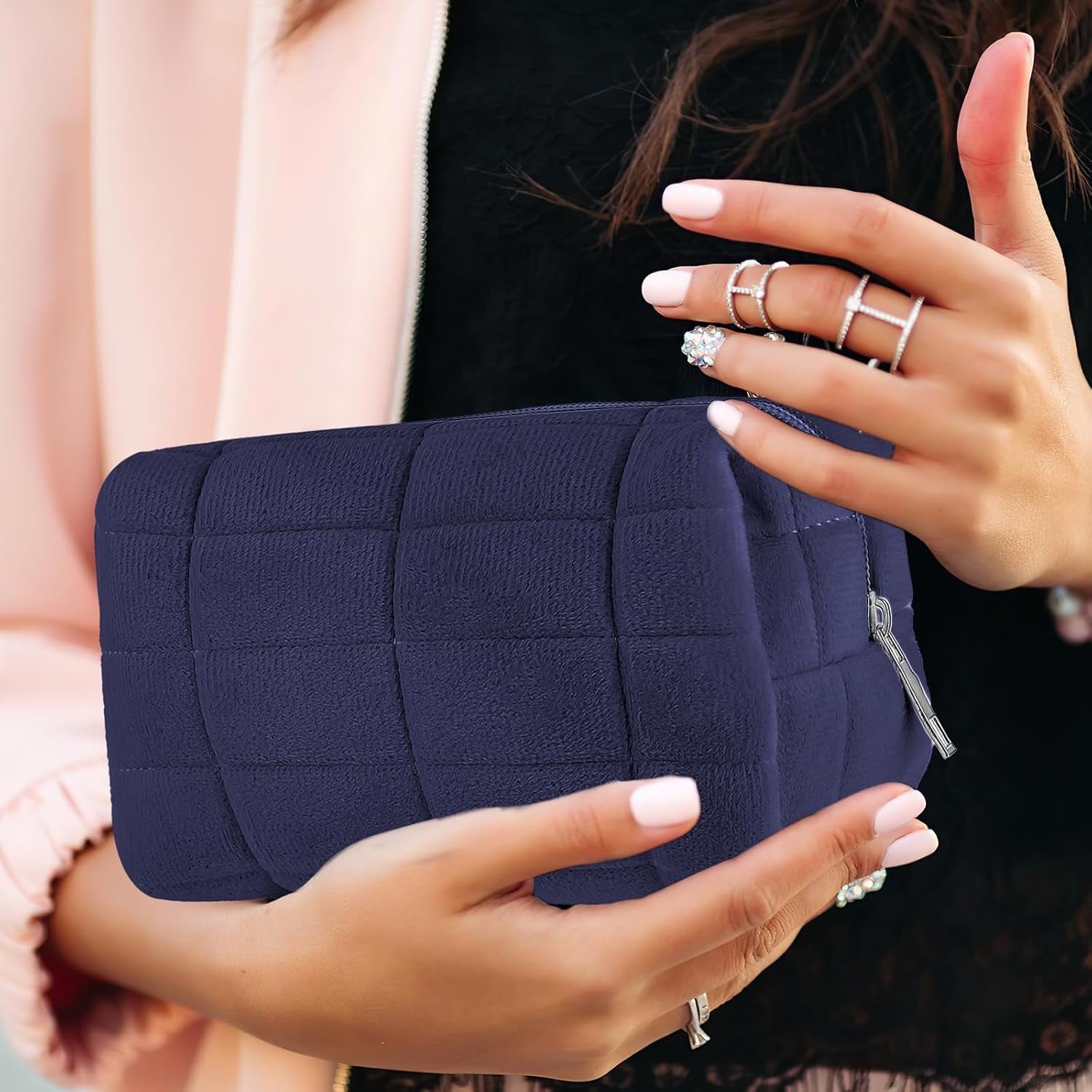 Makeup Bag Soft Pouch Pencil Case Aesthetic Cosmetic Pouch Bathroom Shower Fuzzy Plush Toiletry Organizer Make up Organize Accessories Travel Bag Y2K Purse Containers Women (Navy)