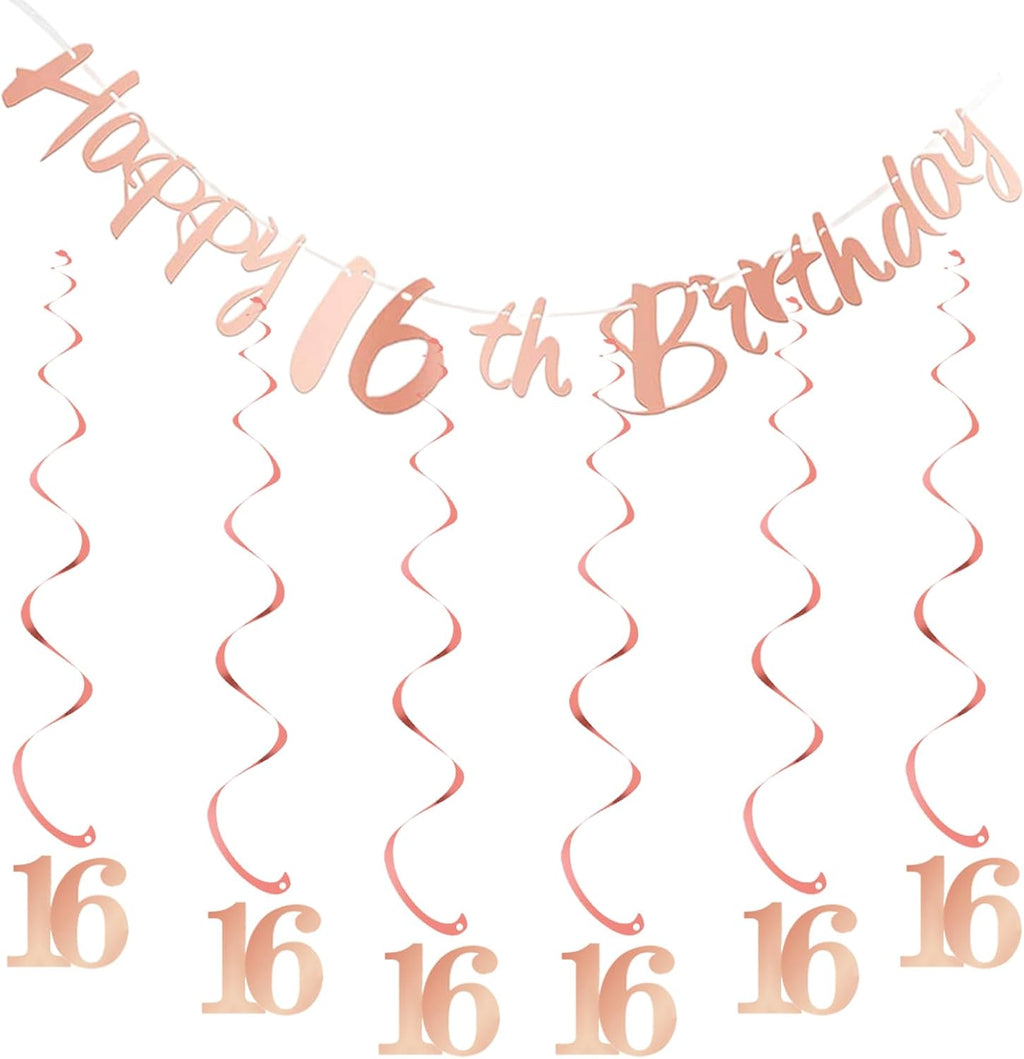 16Th Birthday Bunting Banner, Hanging Swirls Streamers, 16Th Birthday Decorations Set for Girls 16 Years Old Birthday Decorations Party Decor - Rose Gold