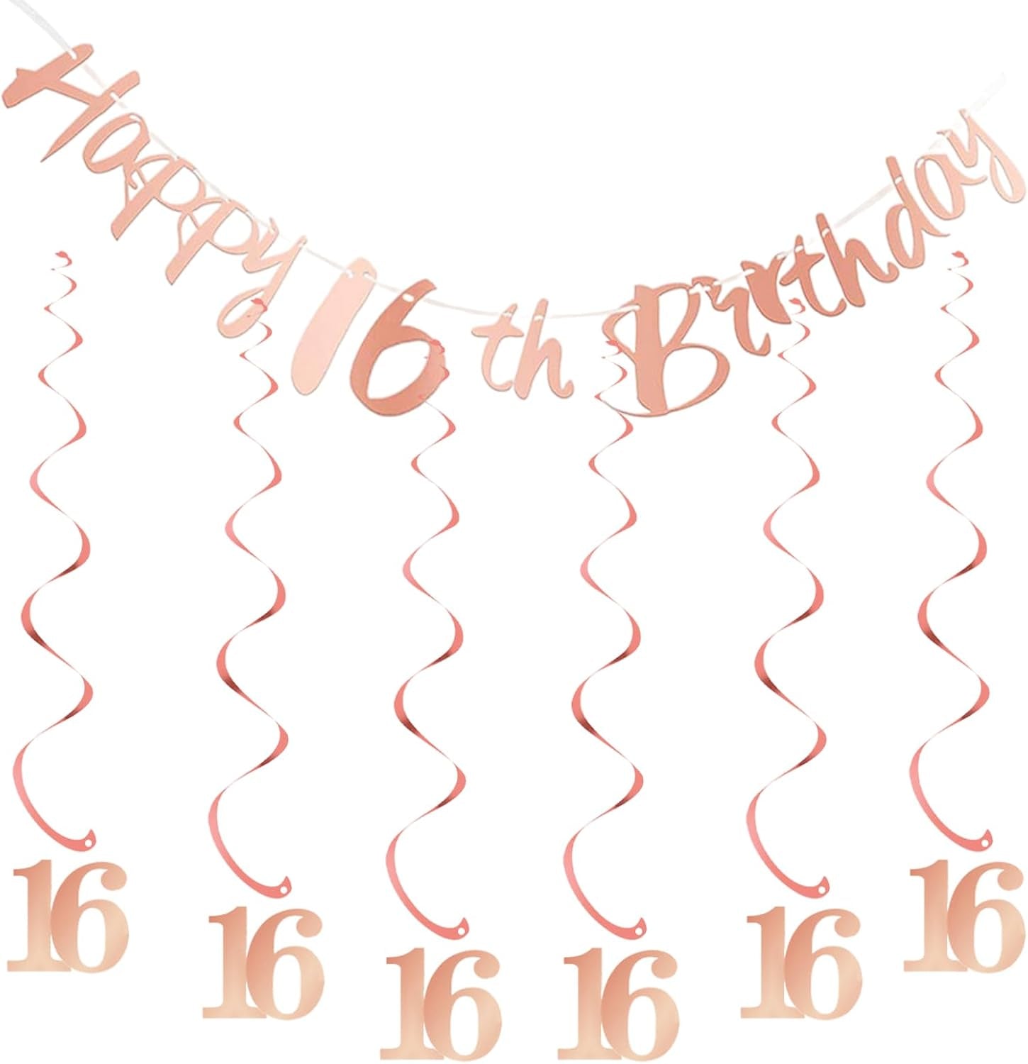 16Th Birthday Bunting Banner, Hanging Swirls Streamers, 16Th Birthday Decorations Set for Girls 16 Years Old Birthday Decorations Party Decor - Rose Gold