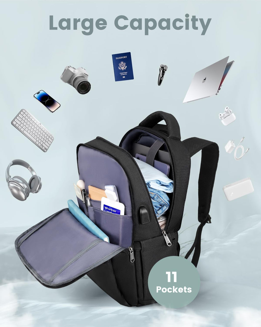 Laptop Backpack, Business Travel Backpack with Charging Port, Water Resistant Laptop Rucksack, Anti-Theft Backpack for Men Women, Fits 15.6-Inch Laptop School Bag