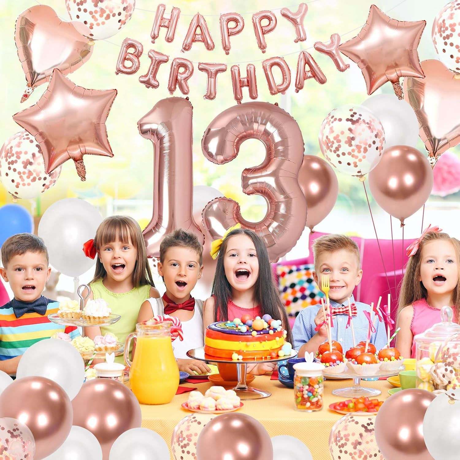 13Th Birthday Decorations for Girls, Rose Gold 13Th Birthday Decorations, Rose Gold 32 Inch Number 13 Foil Balloon with Banner, Star Confetti Balloon for 13 Party Deko