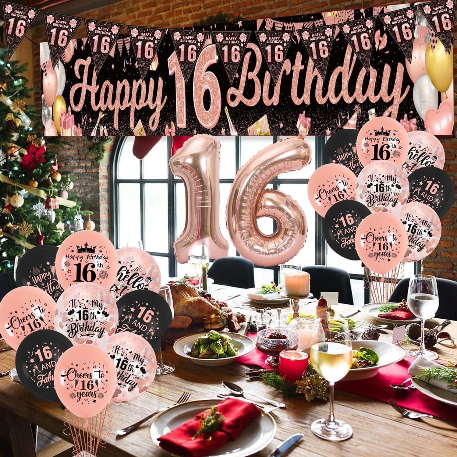 16Th Birthday Decorations for Girls - Rose Gold 16Th Birthday Decorations Includes 16Th Birthday Banner, Latex Balloons, Pennants, Number Balloons, for Indoor and Outdoor 16Th Birthday Party