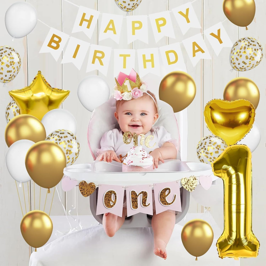 St Birthday Decoration for Boys, Gold White Confetti St Birthday Balloon with 40 Inch Number  Gold Balloon Star Heart Foil Balloons and Banner for Baby  Year Old Party Decor