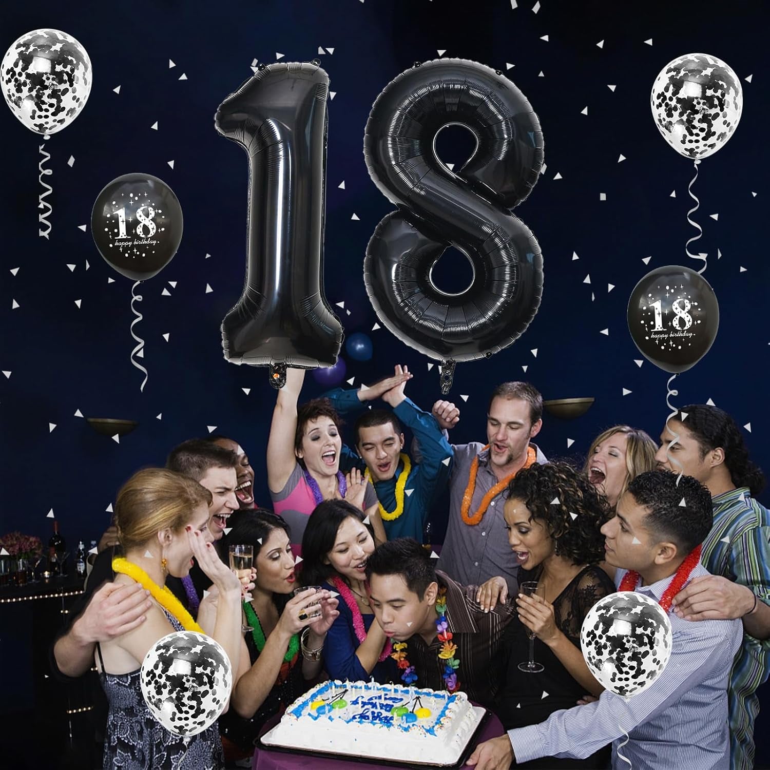 18Th Birthday Decorations for Girls, 18Th Birthday Balloons with 40 Inch Black Foil Number 18 Balloon Black Birthday Print Confetti Balloons Metallic Latex Balloons Set for Boy 18 Birthday Decorations