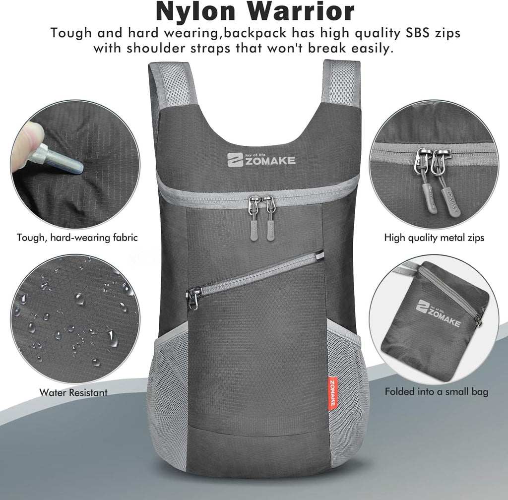Lightweight Packable Backpack 14L - Foldable Backpack Small Daypack Hiking Backpack Water-Resistant Day Bag for Travel(Medium Grey)