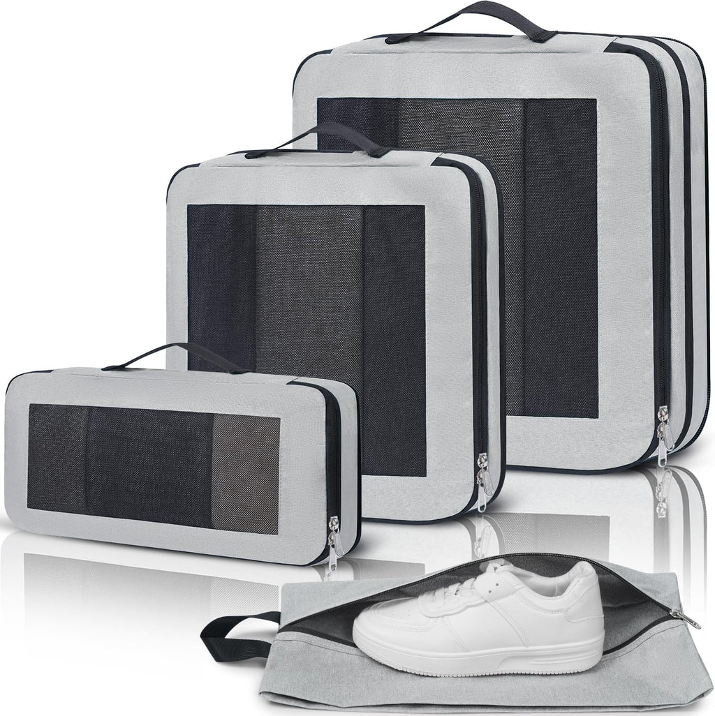 Large Compression Packing Cubes, Full Open Visible Design， Expandable Packing Organizer with Travel Shoe Bag for Suitcase & Backpack, 4 Set Lightweight Travel Bags for Vacation & Camping