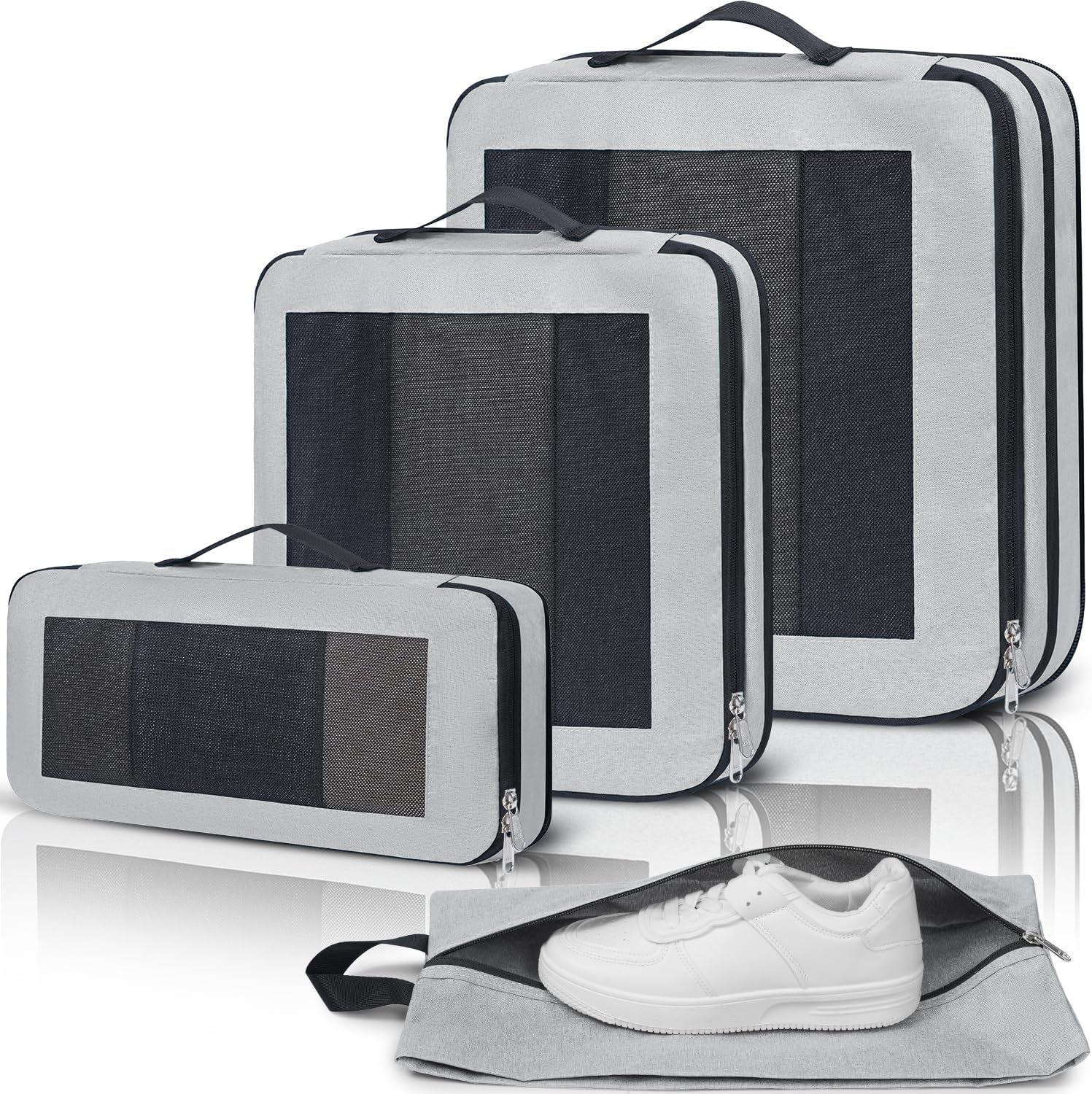 Large Compression Packing Cubes, Full Open Visible Design， Expandable Packing Organizer with Travel Shoe Bag for Suitcase & Backpack, 4 Set Lightweight Travel Bags for Vacation & Camping