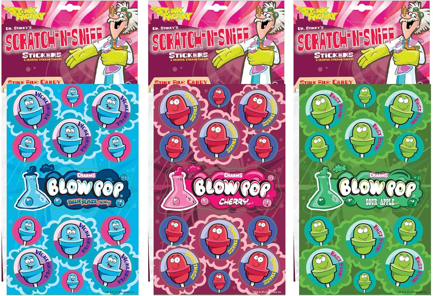 Dr. Stinky'S Scratch N Sniff Stickers 3-Pack, Blow Pop Cherry, Blue Razz Berry, Sour Apple
