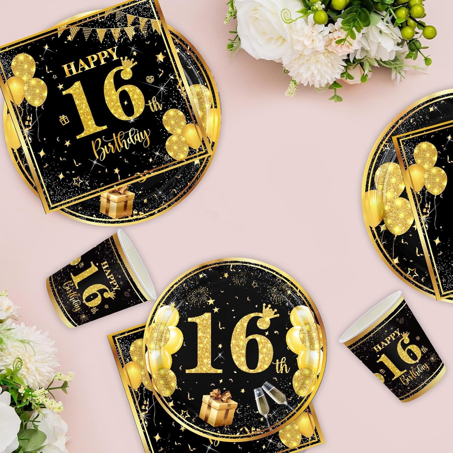 70 Pcs 16Th Birthday Tableware Black Gold, 16Th Birthday Table Decoration Set for Teen Party Supplies (16 Guests)