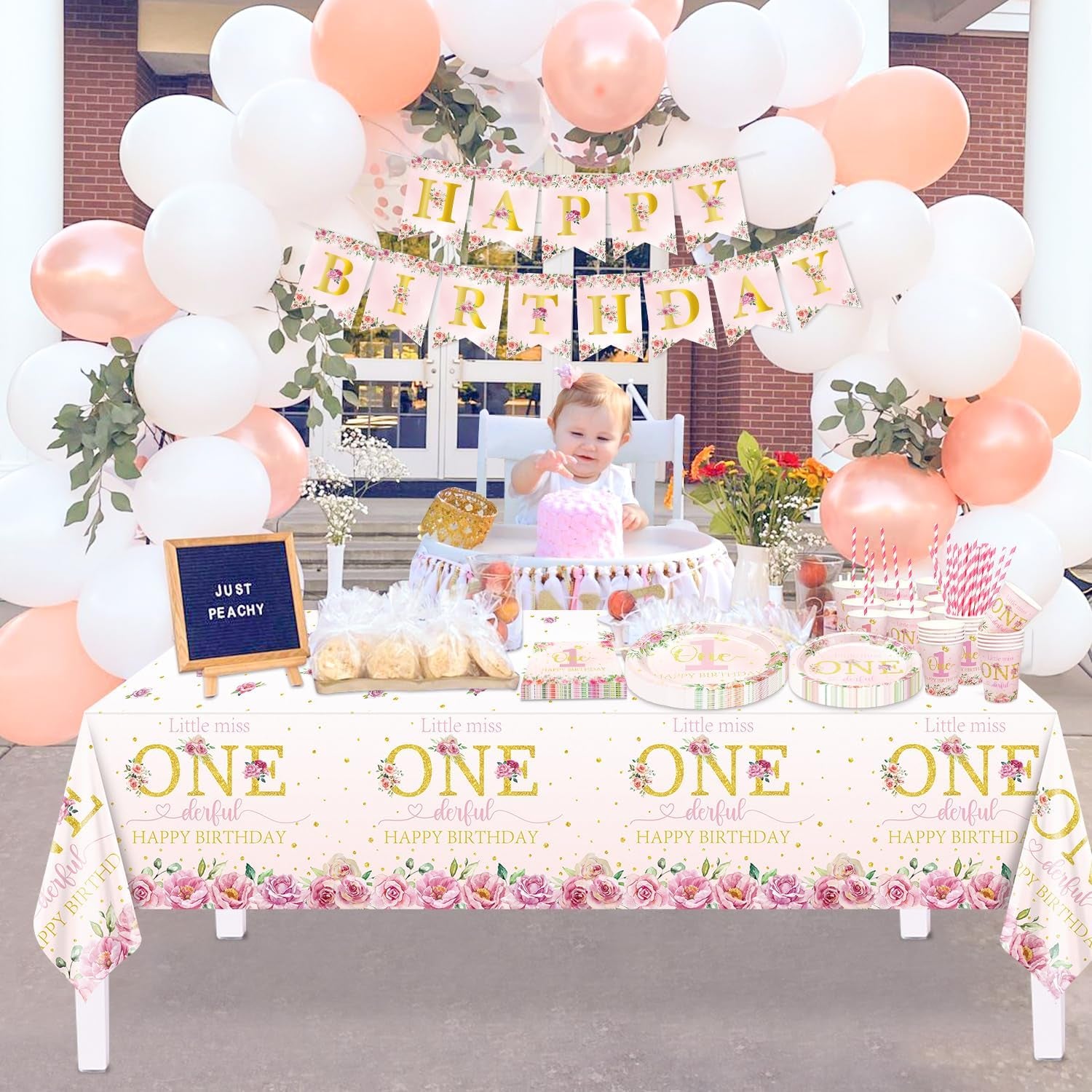 Floral 1St Birthday Party Decorations, Include Happy Birthday Banner, Paper Plates, Cups, Napkins, Little Miss Onederful Tablecloth for Girls First Birthday Party Decor Supplies, Serve 20 Guests