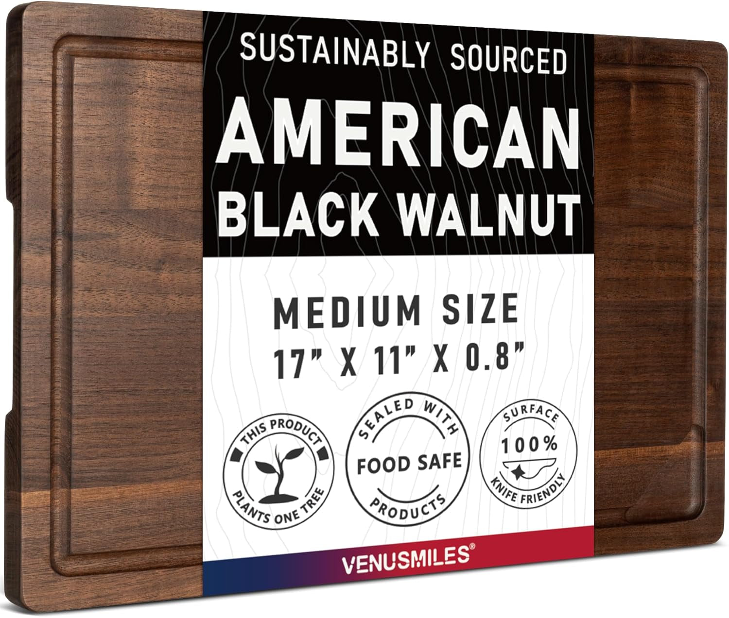 American Black Walnut Cutting Board for Kitchen (17”X11”X0.8”) Pre-Oiled Wooden Chopping Board Walnut End Grain with Juice Groove & Handlers, Reversible Butcher Block