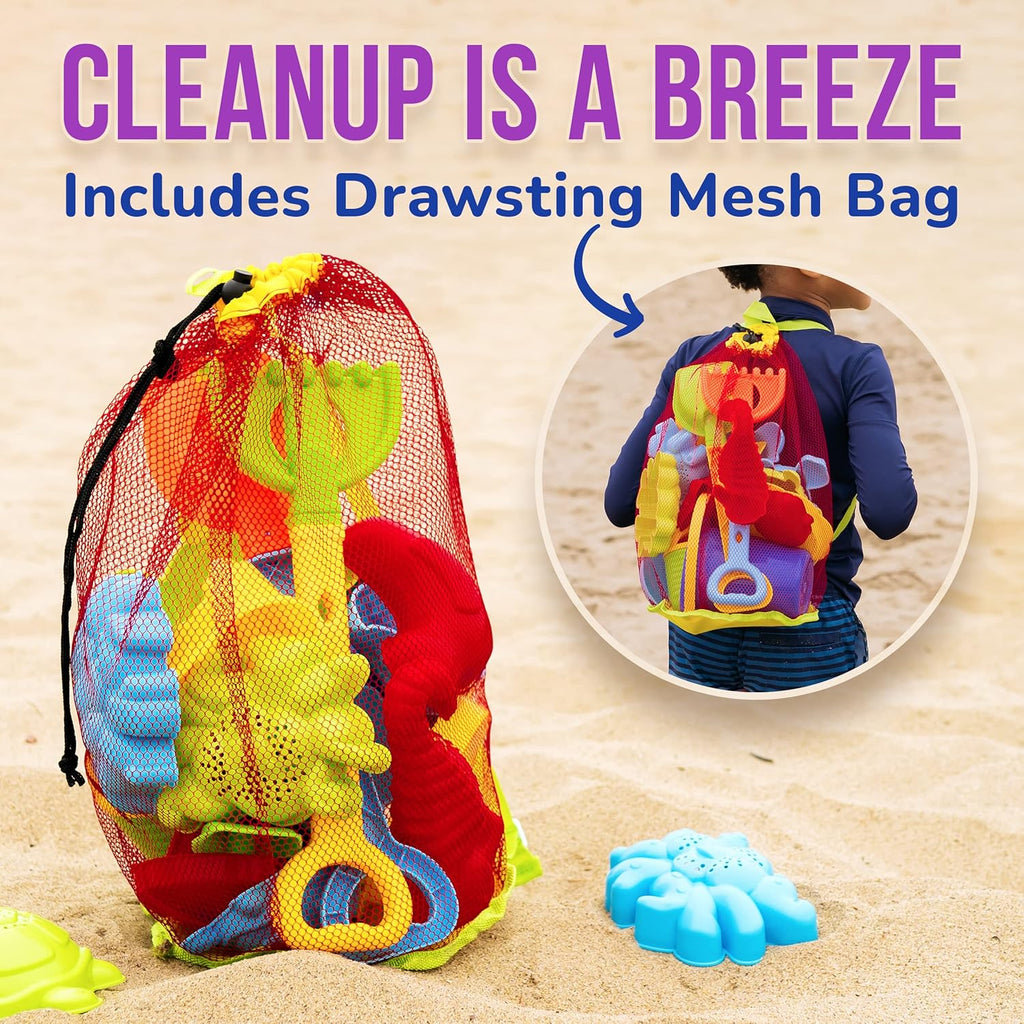 Beach Toys for Kids 3-10 - 18Pc Sand Toys Including Sand Buckets for Kids with Sifter, Watering Can, Rake, 4 Hand Tools, 10 Sand Molds & Mesh Beach Toy Bag - Sandbox Toys for Toddlers