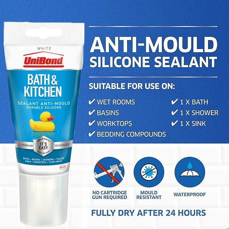 2079321 Anti-Mould Sealant / White Silicone Sealant for Kitchen and Bathroom / 1 X 147 G Tube