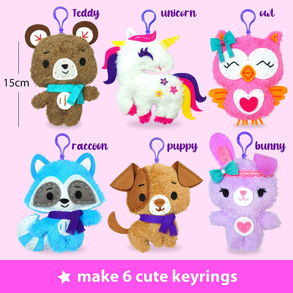 Unicorn Sewing Keyring Kit for Kids Ages 7-12, Beginner Craft Set with 6 Stuffed Dolls (Bear, Dog, Rabbit, Raccoon, Owl, Unicorn), Felt Materials, Embroidery Supplies, Instructions