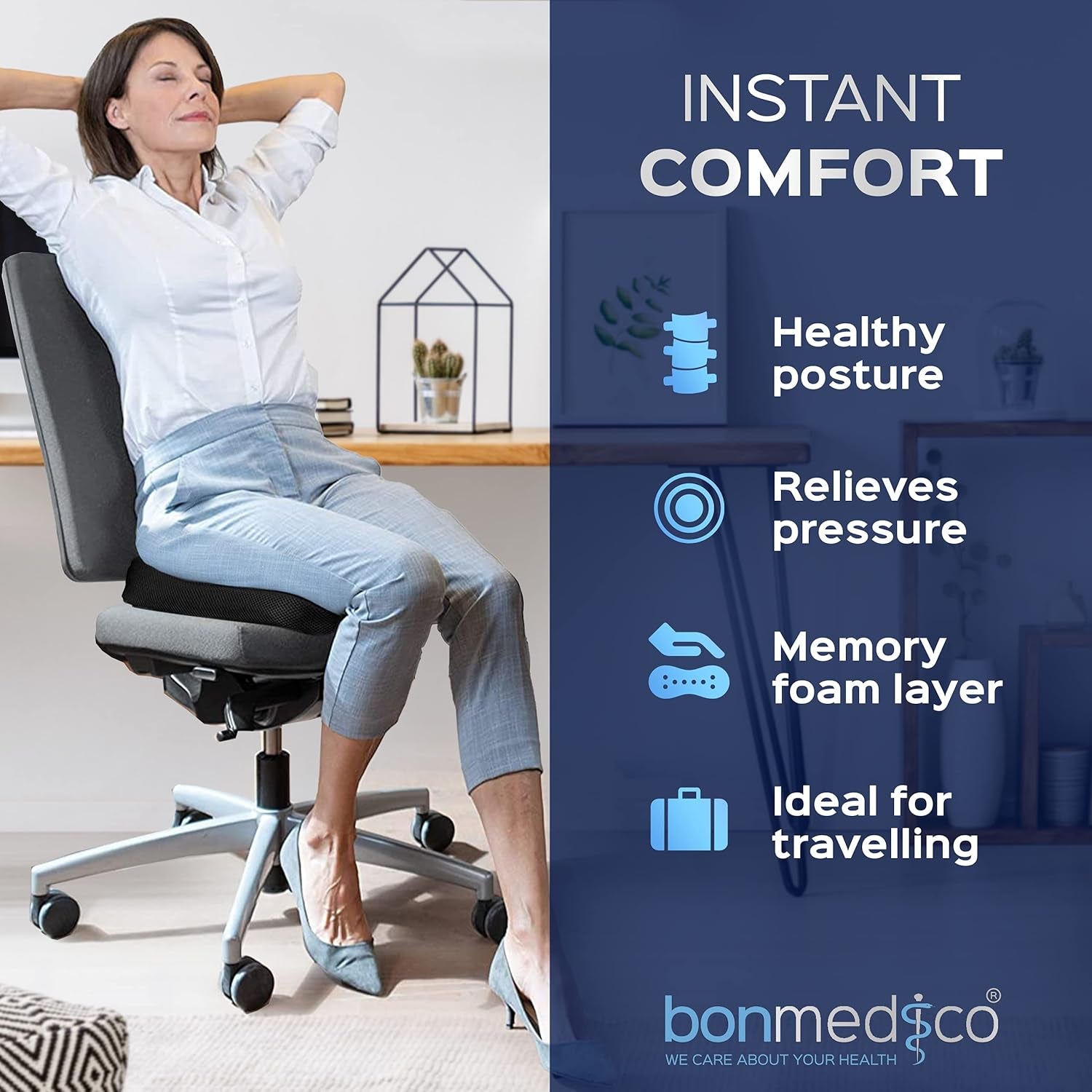 Memory Foam Seat Cushion for Office Chair - Non-Slip, Seat Pads for Coccyx Pain Relief to Support Standing - Portable Car Seat Cushion W/Handle for Lower Back Support