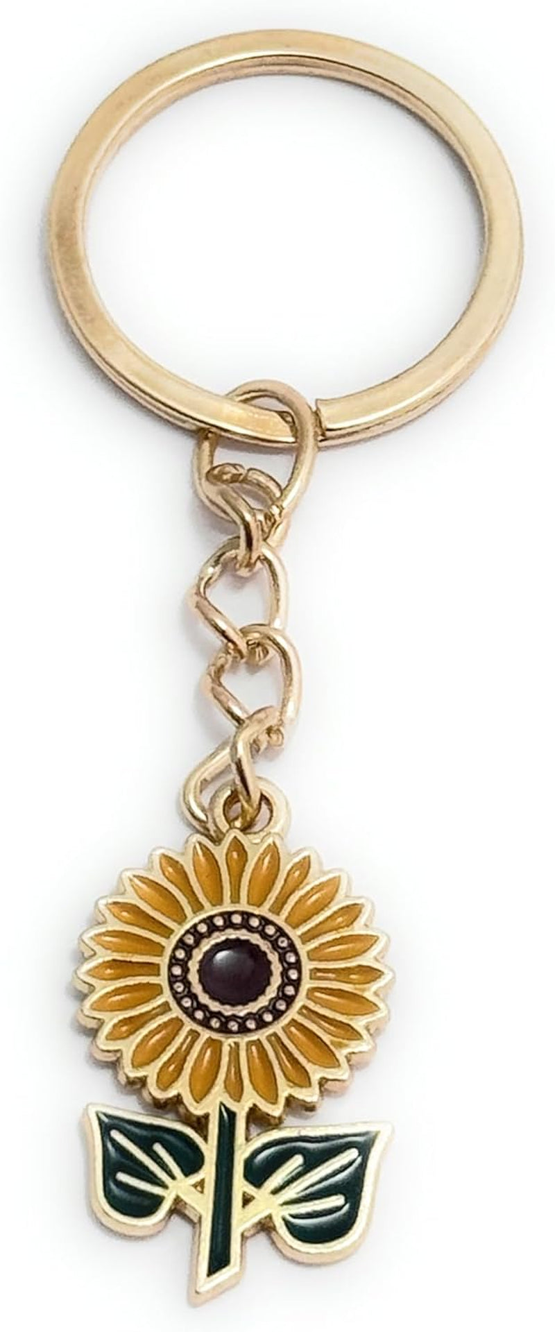 Sunflower with Leaves Keyring Key Ring with Enamel Charm and Gold Tone Keychain