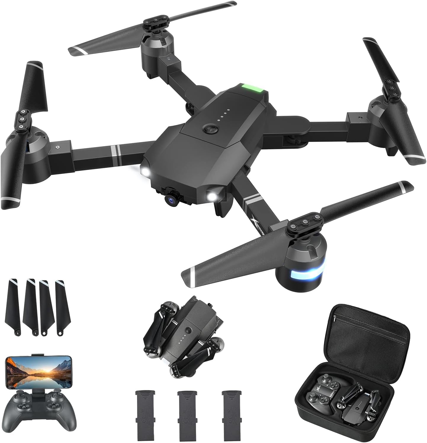 Drone with Camera for Adults & Kids, Skyquad Drone Foldable 1080P FPV Drone W/3 Batteries & Carrying Case,Rc Quadcopter of 30 Mins Flight Time,120°Fov,Voice&Gesture Control,One-Key Return,3D Flip