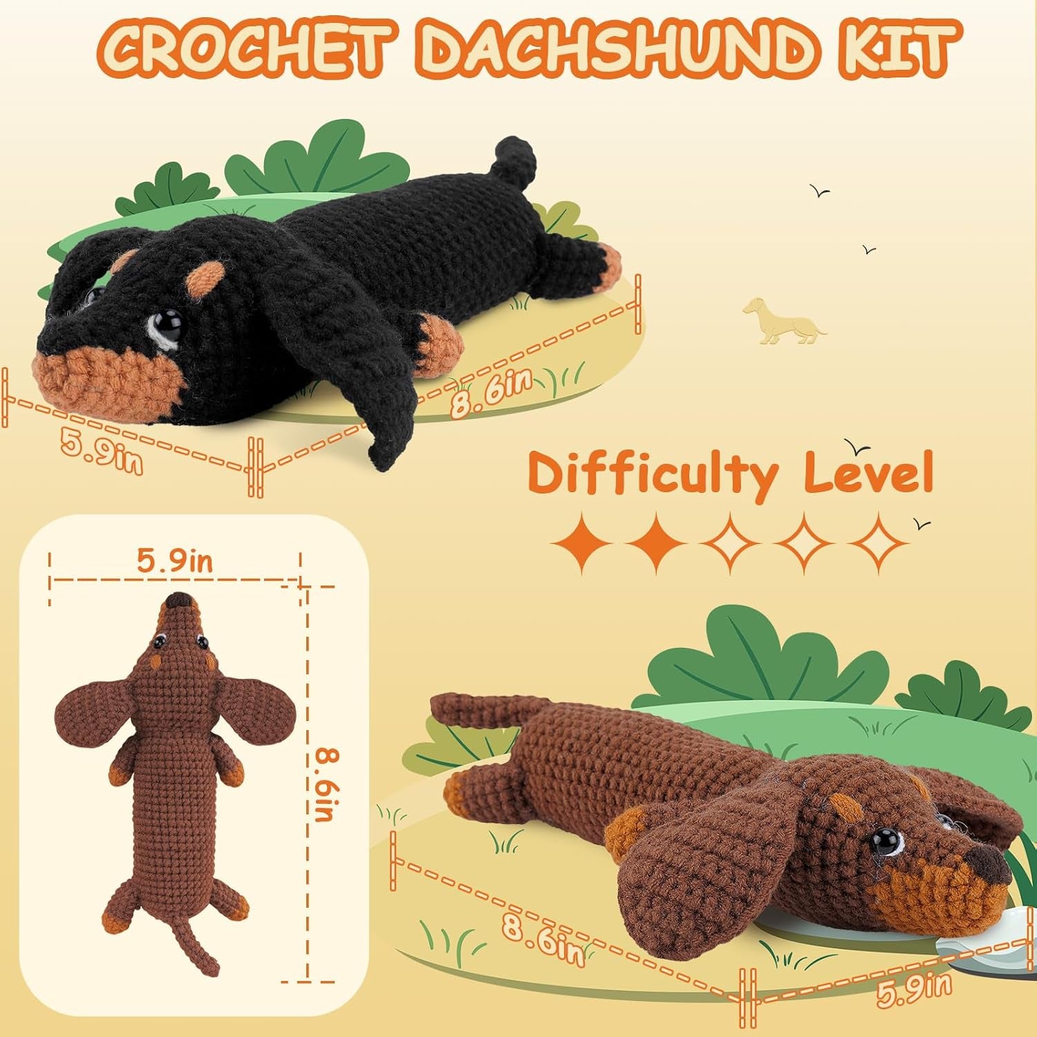 Crochet Kit for Beginners, Crochet Animal Kit Complete Dachshund Dog Crochet with Yarn Hooks Needles, Step-By-Step Video Learn to Crochet Starter Kit Animal Set Beginners Crochet Kit (Crochet Dog)