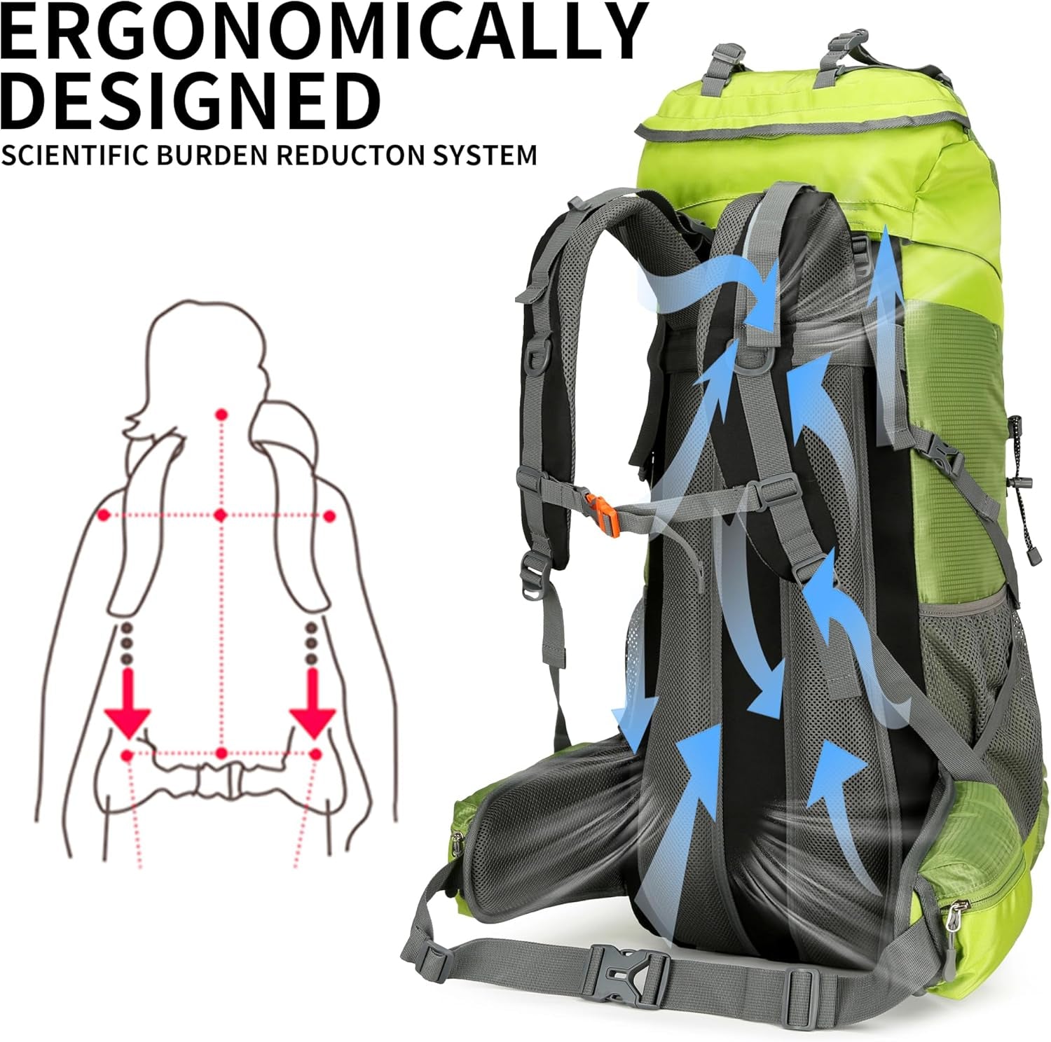 Hiking Backpack for Men and Women 70L+5L Waterproof Lightweight Camping Daypack with Rain Cover for Outdoor Travel Mountaineering - Frameless (Green)