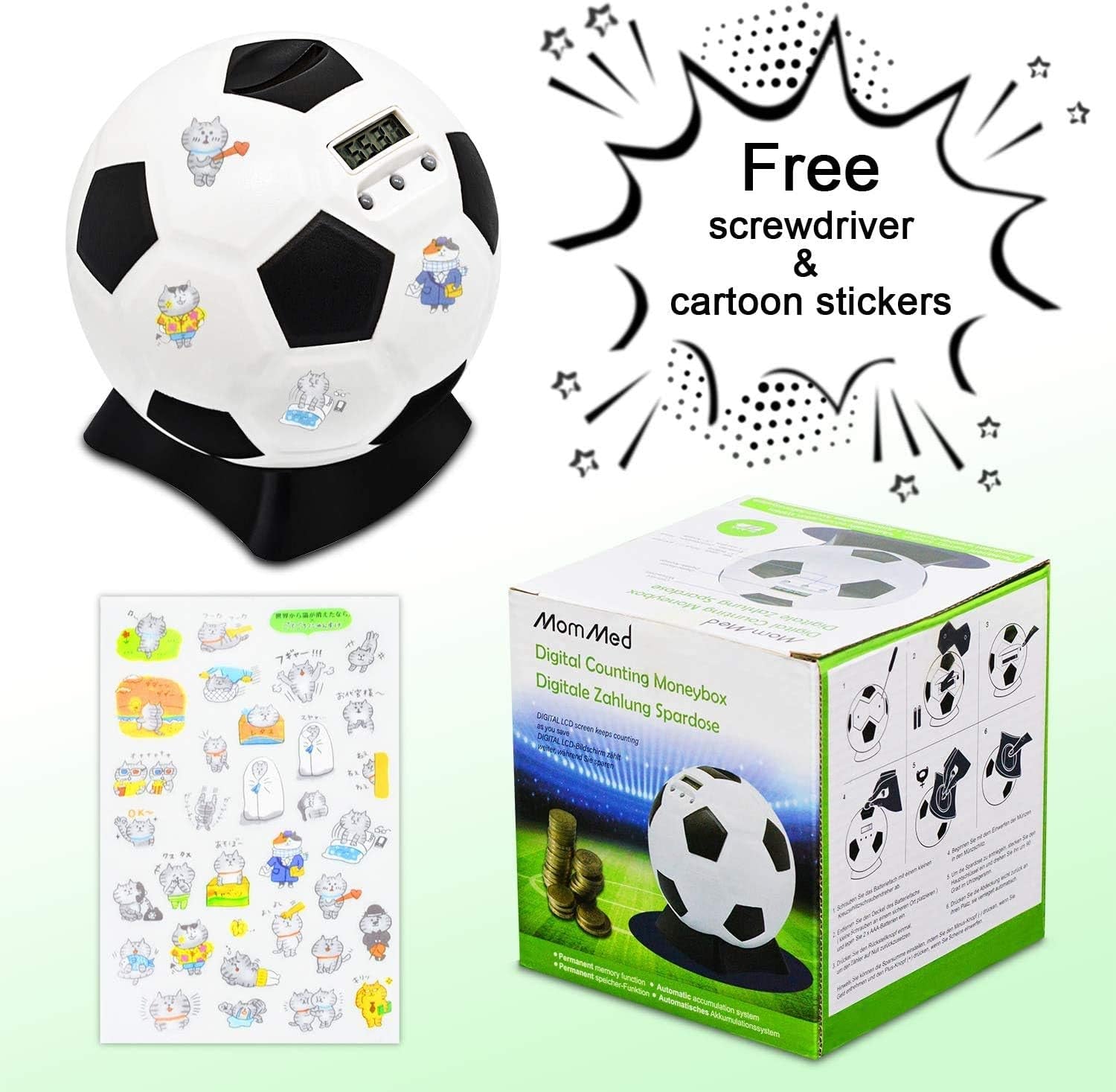 Digital Counting Box with Counter Football Piggy Bank Large for Children Early Education Box Large with Automatic LCD Display Balck White