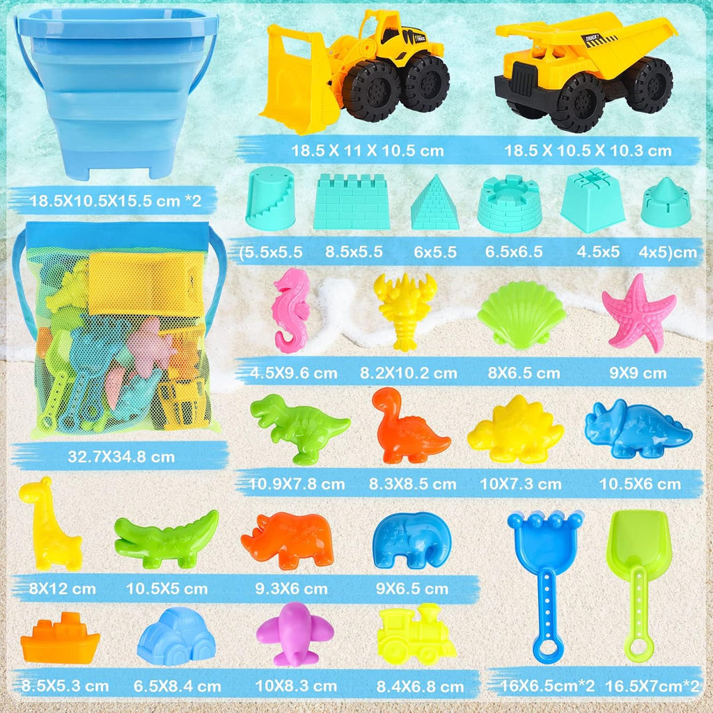 Beach Toys, 31Pcs Sand Toys, Sandbox Toys with 2 Truck 2 Collapsible Sand Bucket, Shovel Set, Sand Castle Kit, Animal Dinosaur Molds Etc. Mesh Bag, Travel Toys for Kids Toddlers Boys Girls