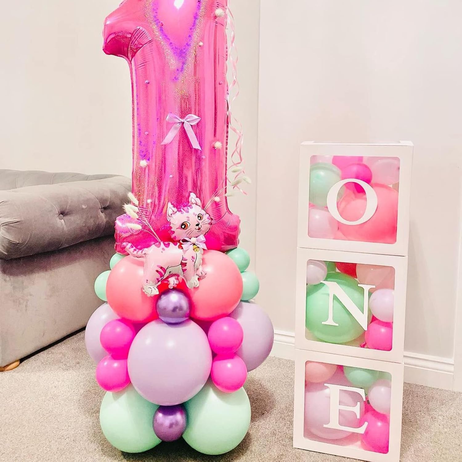1St Birthday Party Decoration Boxes for Boys & Girls, 3 Pcs White Balloon Boxes with ONE Letter for Baby Shower, Balloon Blocks for First Birthday Decorations