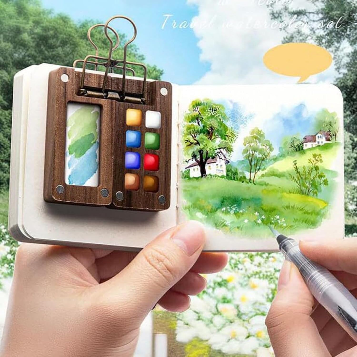 Portable Palette, Mini Travel Paint Set with 8 Grids Mini Wood Palette Box, Pocket Artist Watercolour Palette, Sketchbook Palette Pocket Travel Paint Tray Box with Metal Clip, Watercolor Pen