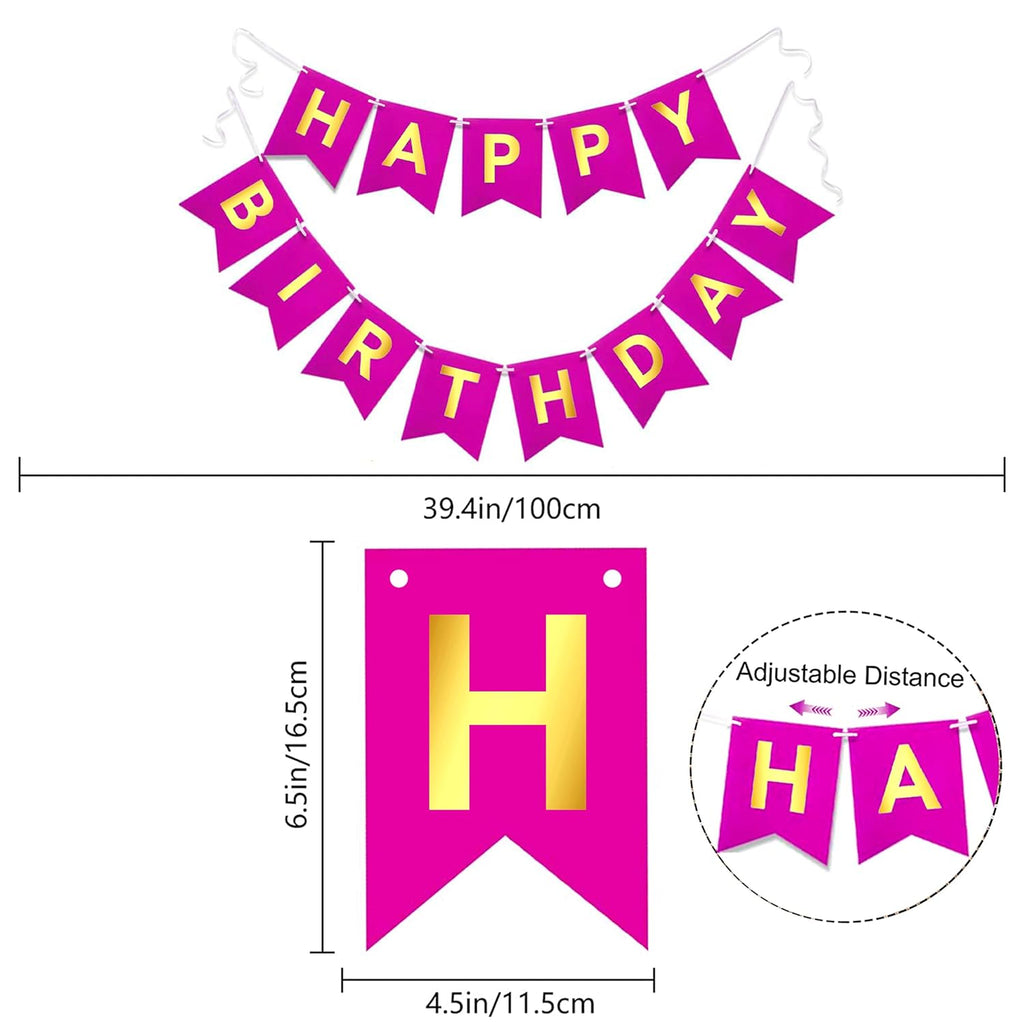 Pink Happy Birthday Bunting Banner Signs Golden Sparkle - Fun and Festive Party Supplies for Girls - Complete 13-Piece Birthday Decorations Set for Memorable Celebrations