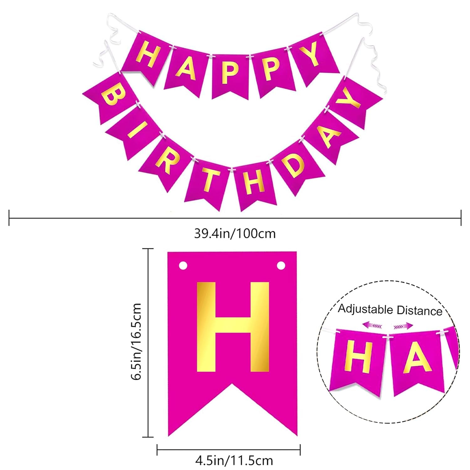 Pink Happy Birthday Bunting Banner Signs Golden Sparkle - Fun and Festive Party Supplies for Girls - Complete 13-Piece Birthday Decorations Set for Memorable Celebrations