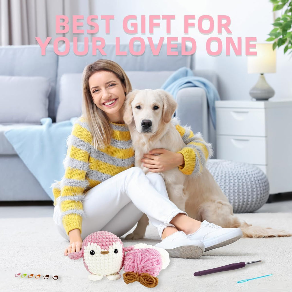 Crochet Kit for Beginners Adults - Knitting Kit with Step-By-Step Video Tutorial - Perfect for New Craft Lovers - Creative DIY Handicraft Gift for Kids Women Men - Pink Penguin