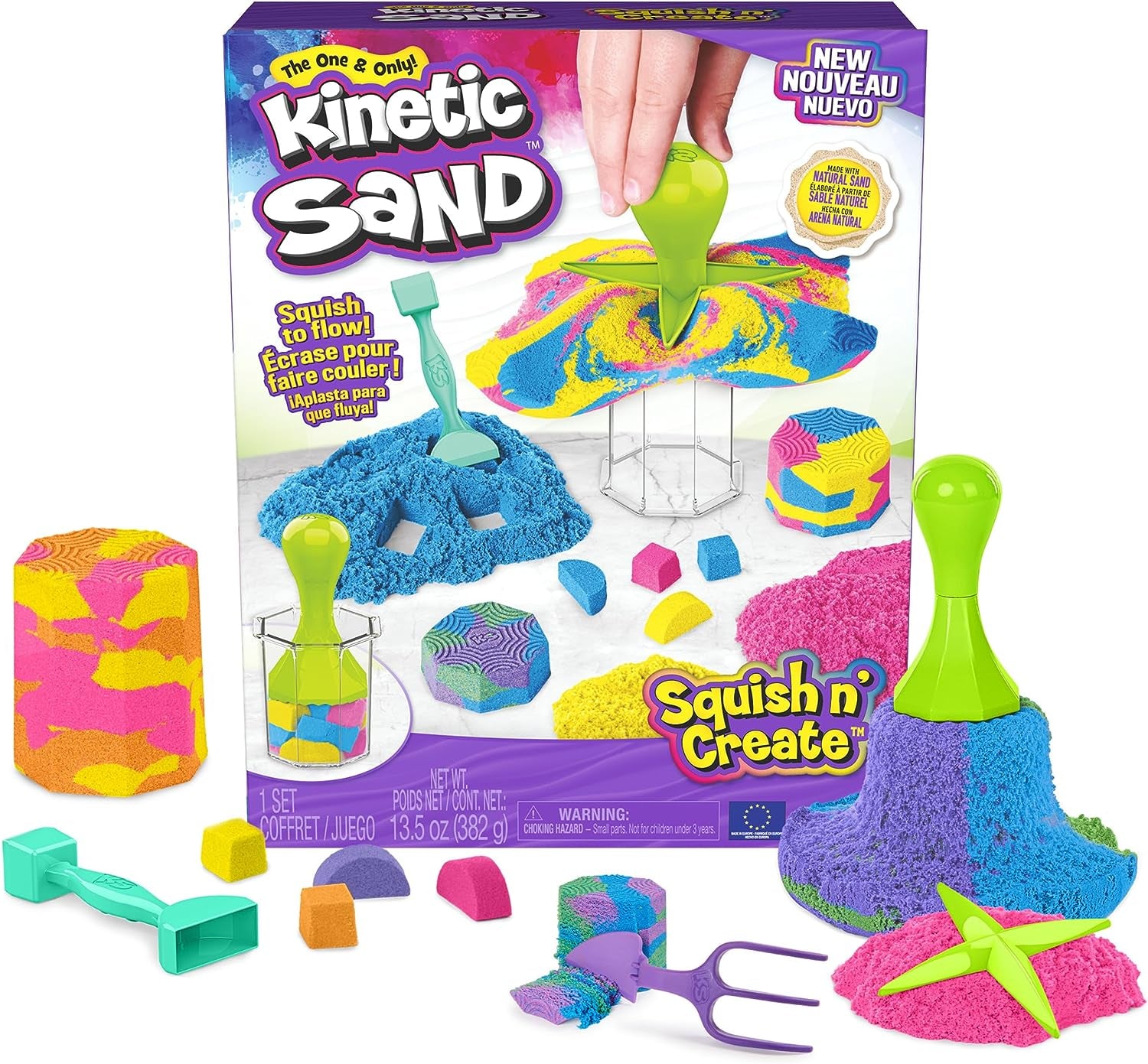 , Squish N’ Create Playset with 13.5Oz Blue, Yellow & Pink Play Sand, 5 Tools, Sensory Toys for Kids Ages 3 and Up