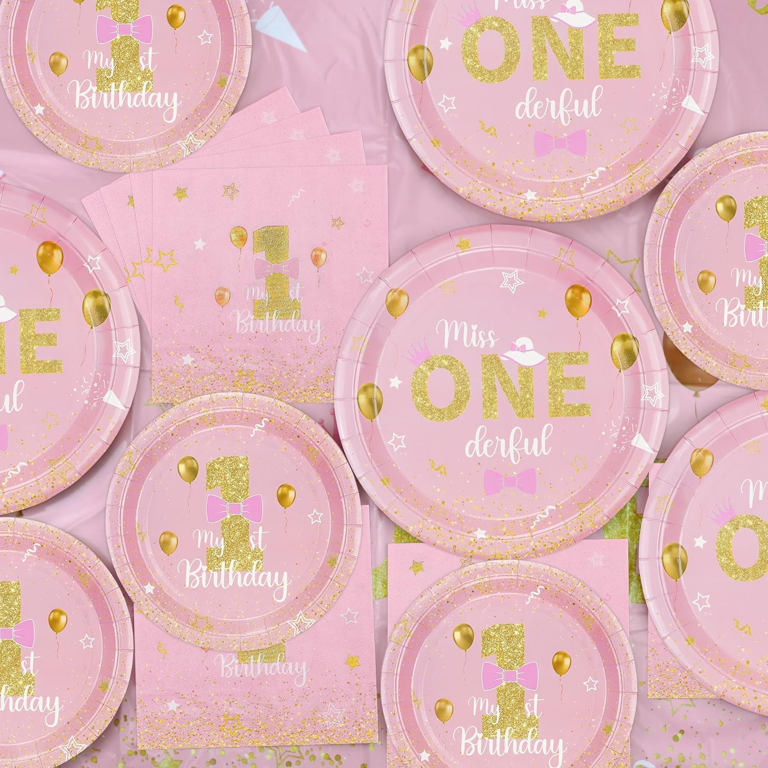 Miss Onederful Birthday Decorations - Pink Gold Plates, Napkins, Tablecloth, First Tableware for Baby Shower 1St Girls Decorations, Serve 20 Guests, JY-26