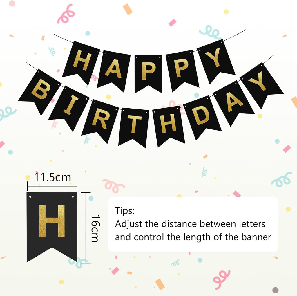 Black Gold Birthday Decoration, 12Inch Black Gold Happy Birthday Balloons with Happy Birthday Banner and Bunting Confetti Balloons, Black Party Decorations for Men Boys