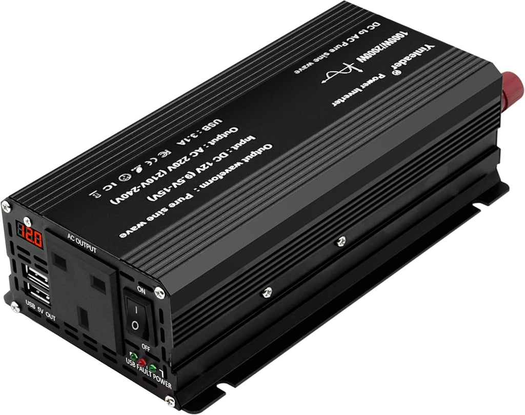 Pure Sine Wave 2000W Power Inverter DC 12V to 240V AC 1 UK Socket 2 USB Ports with LED Dispaly Cigarette Converter